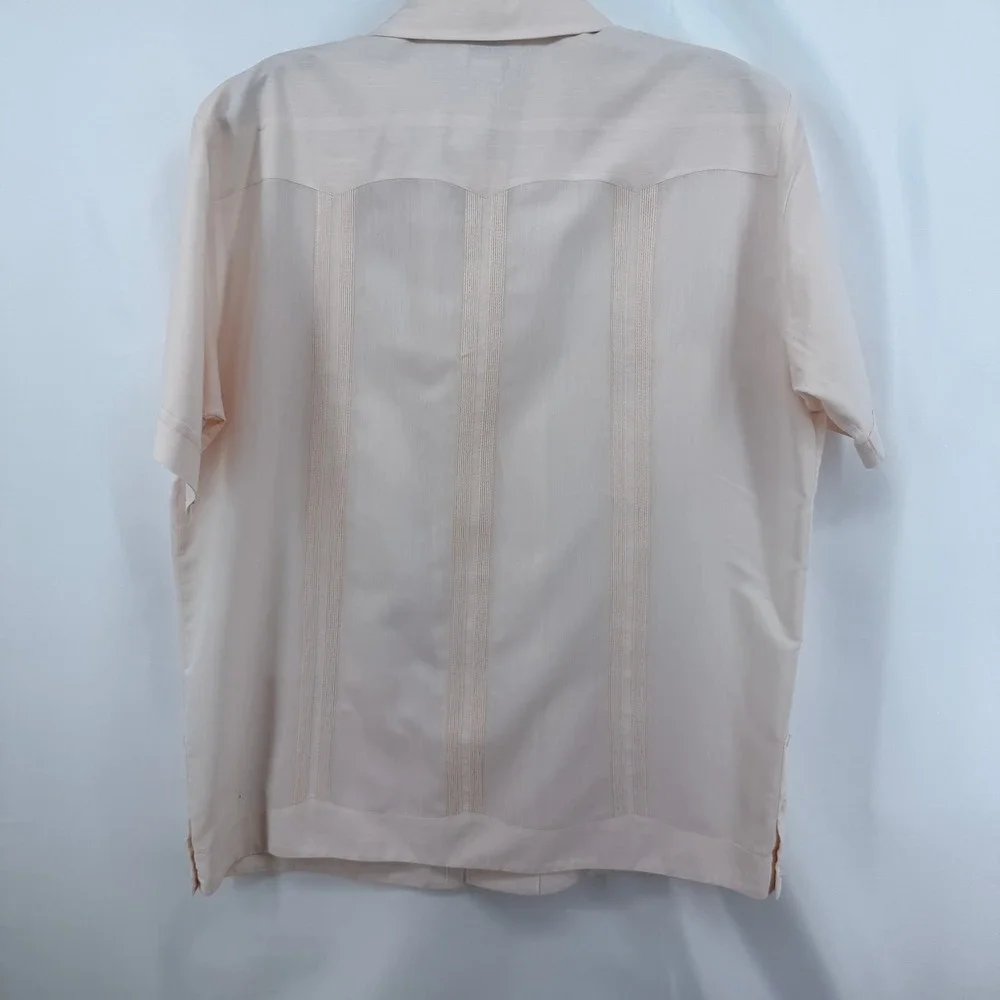 Ravgo Guayabera Shirt Mens Large Pink Poly Cotton Short Sleeve 4 Pocket Coastal